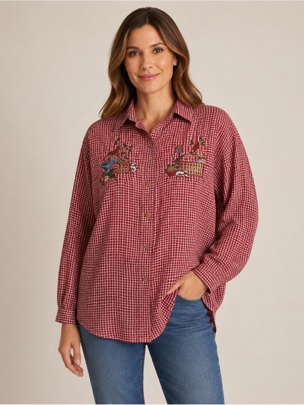 Vintage Capacity Red Gingham Button Up Shirt W Embroidered Cats Cardinals Garden